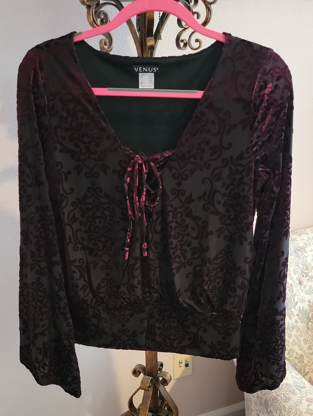 VENUS Plum Velvet Burnout Tie-Neck Long Sleeve Top